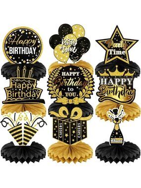 9pc Happy Birthday Table Centerpieces Black Gold Honeycomb Party Decorations Reu